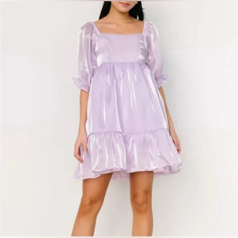 Baltic Born Lavender Purple Metallic Puff Sleeve Babydoll Mini Dress Medium NWT